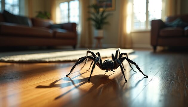 Black spider crawls on wooden floor in cozy room. Sunlight illuminates interior. Arachnid casts shadow on polished surface. Bug explores domestic space, near furniture. Macro shot captures details,
