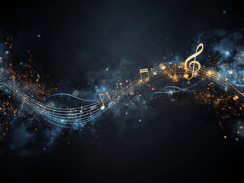 Abstract musical notes flow dynamically across a dark background. Warm orange and cool blue glowing lights form a wave of musical symbols and bokeh effects.