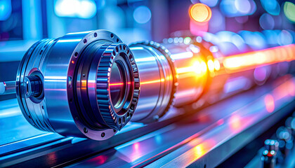 Precision engineered metal components glowing with heat in an industrial manufacturing setting.