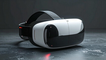 A modern, sleek white and black virtual reality headset with red indicator lights resting on a dark, textured surface.