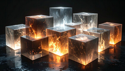 Dynamic display of translucent cubes filled with contrasting glowing energy, some fiery, some icy, on a dark reflective surface.