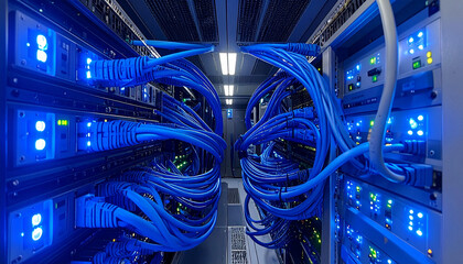 Close-up view of blue network cables neatly organized in a server rack within a data center, showing active network connections.