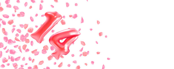 Pink rose petals confetti and red number 14 flying decoration Valentine's Day background, love festival, greeting card