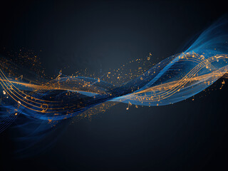 Abstract musical notes flow dynamically across a dark background. Warm orange and cool blue glowing lights form a wave of musical symbols and bokeh effects.
