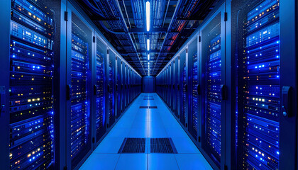 A long, symmetrical corridor in a modern data center, illuminated with blue light, showcasing rows of server racks and advanced computing infrastructure.
