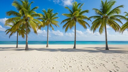 Obraz premium Idyllic, deserted island paradise featuring vibrant turquoise water and lush green palm trees in full sun.