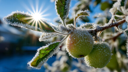 A beautiful winter scene with fruit tree branches adorned with frost, basking in the sunlight on a crisp, clear morning. 