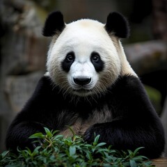 Fototapeta premium A cute giant panda is sitting quietly while looking at the camera, its black and white fur is in great contrast.