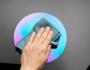Cleaning the Disc: A hand gently wipes a shimmering disc, revealing a spectrum of colors beneath a soft cloth, the care it's taken for protecting data and information