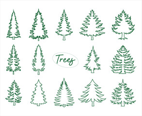set of illustrations of Christmas tree doodles, a vector sketch line. green Christmas trees vector .