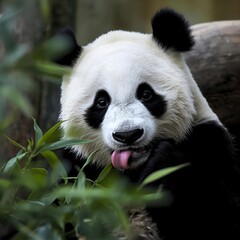 Obraz premium Cute giant panda smiling with tongue slightly out, appearing with pure white fur and black ears