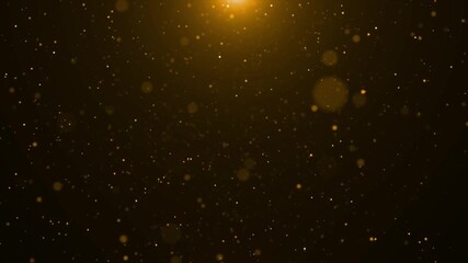 Abstract golden glitter particles falling down from bright light in black space - Powered by Adobe