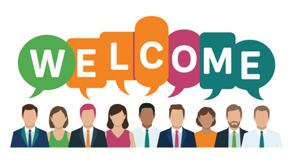 diverse business team with welcome text in colorful speech bubbles, modern flat illustration for corporate onboarding, teamwork, community and communication themes
