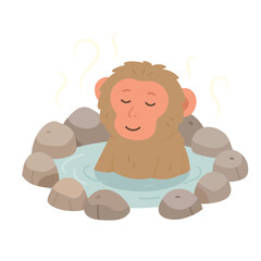 Relaxed monkey soaking in warm spring surrounded by stones, monkey enjoying calm wellness vibe, gentle steam rising