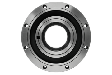 Round machined steel flange part with mounting holes and keyway isolated on a transparent background