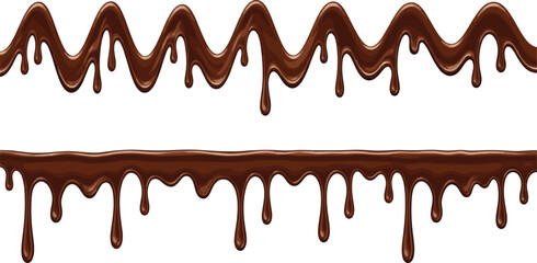 Seamless liquid dark chocolate dripping borders vector set with wavy and straight edges ideal for bakery packaging and sweet food design