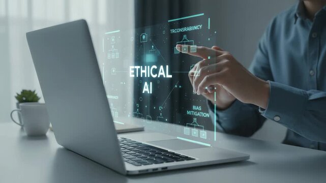Businessman using a laptop and interacting with a futuristic hologram displaying the concept of ethical ai, including transparency and bias mitigation for responsible and trustworthy technology