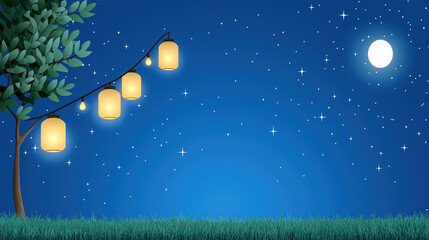 Lantern night sky stars moon garden string light calm atmosphere warm glow