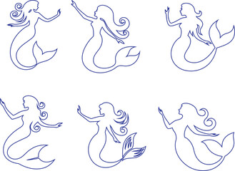 Fantasy mermaid outline vector icon set with smooth curves, great for underwater themes, creative posters, branding, social media graphics, and web design.