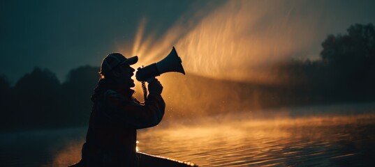 Coxswain Shouting Through Megaphone at Dawn on Misty Lake