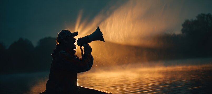 Coxswain Shouting Through Megaphone at Dawn on Misty Lake