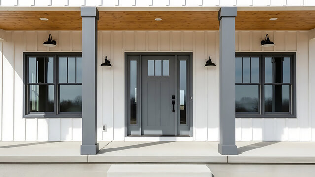 Detailed view of a stylish modern farmhouse front entrance with a gray door, dark windows, and white board and batten siding.