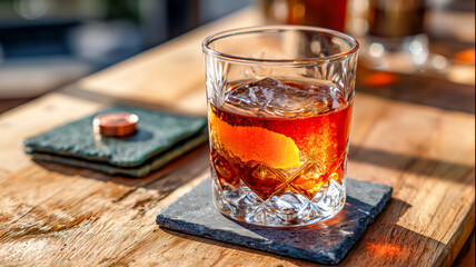 Crystal glass filled with a refreshing Old Fashioned cocktail and an orange peel, sitting on a rustic wooden surface outdoors. 