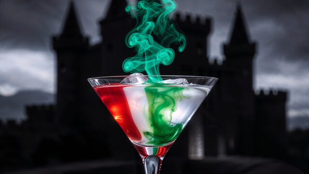 Spooky Halloween Cocktail with Green Smoke and Red White Drink in Martini Glass