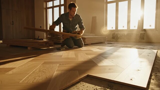 Man install wood floor renovation project home improvement building construction interior worker installing hardwood parquet flooring
