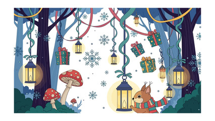Enchanted Forest Festivities: A whimsical forest scene filled with a festive atmosphere. A squirrel, lantern, gifts, mushrooms, and snow create a charming and magical atmosphere.