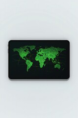 Fototapeta premium Overhead view of a sleek mobile device screen displaying a vibrant green digital world map, symbolizing global network connectivity and advanced data communication technology