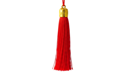 Bright red decorative tassel with gold cap isolated on transparent background