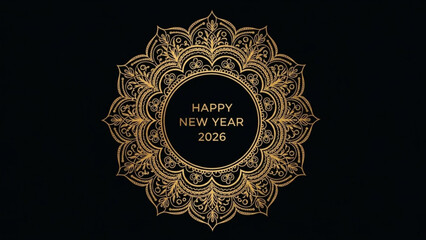 New Year 2026: Intricate golden patterns against a backdrop of deep black. The design evokes feelings of sophistication and cultural heritage, perfect for festive announcements. 