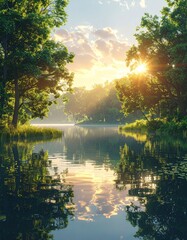 Fototapeta premium nature scene with calm lake, soft golden-hour sunlight, lush green trees, crystal-clear reflections, atmospheric depth, ultra-detailed realism, peaceful outdoor landscape ideal for travel and wellness