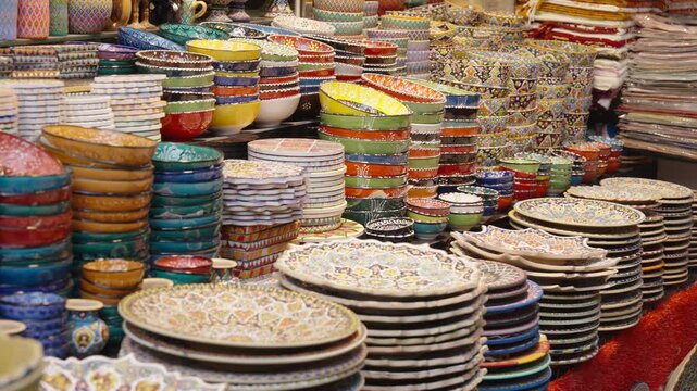 Colorful Hand Painted Ceramic Bowls and Handicrafts in Souk Shop