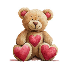Watercolor-style vector illustration of Valentines Teddy Bear, isolated on a clean white background.