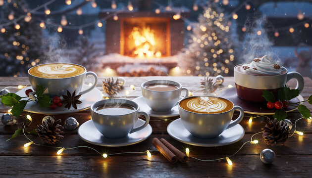 Navidad, caf&eacute;, cappuccino, chocolate caliente, invierno, bebidas calientes, tazas, mesa de madera, bokeh, luces navide&ntilde;as, decoraci&oacute;n, ambiente festivo, nieve artificial, canela, an&iacute;s estrellado, crem