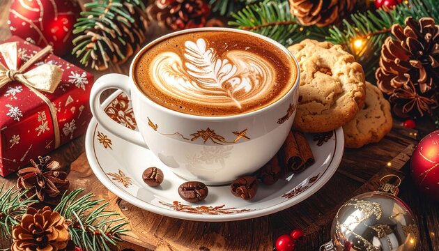 Navidad, caf&eacute;, cappuccino, chocolate caliente, invierno, bebidas calientes, tazas, mesa de madera, bokeh, luces navide&ntilde;as, decoraci&oacute;n, ambiente festivo, nieve artificial, canela, an&iacute;s estrellado, crem