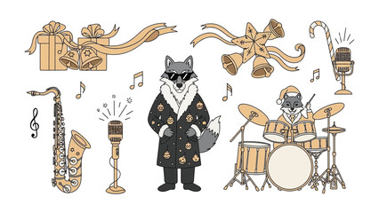 Festive Furry Band: A whimsical illustration showcases a stylish fox with a festive theme playing instruments, exuding a touch of joy and creativity, ready for musical celebration.