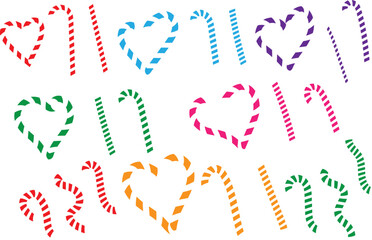 Set of colorful candy canes in various shapes including hearts and stripes 
