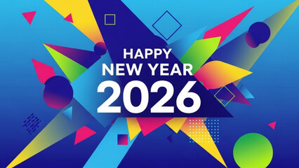 2026 New Year: An abstract digital design heralding the arrival of a new year, featuring bold typography and a vibrant palette of geometric shapes to create a sense of festivity and forward motion.
