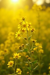 Fototapeta premium AI generated Calm countryside field glowing with golden wildflowers during early morning