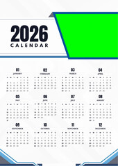 Clean 2026 year wall calendar with green screen for customizable content placeholder