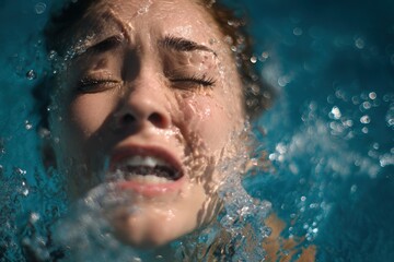 Woman Sneezing in Pool with Water Droplets and Funny Expression