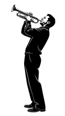Stylish black and white graphic of male jazz musician playing trumpet, full body side view isolated on white background, celebrating music