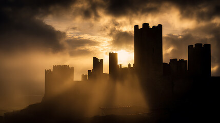 Fototapeta premium A silhouette of a castle under a cloudy sky, lit by the sun's rays. The architecture stands stark against the golden light, evoking a sense of mystery and timelessness.