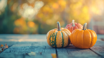 Close-up of pumpkin arranged in a colorful, balanced layout on a wooden table, symbolizing healthy gut nutrition. The background is softly blurred to focus on the vibrant pumpkins