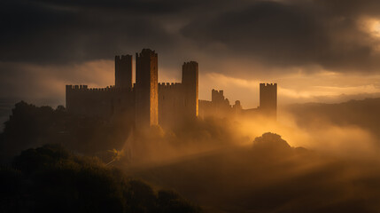 Fototapeta premium Ethereal medieval castle emerges from morning mist, bathed in golden sunlight, silhouetted against a dramatic sky. A scene of mystery, history, and timeless beauty.