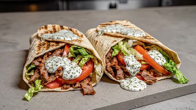 Two delicious grilled flatbread wraps filled with savory meat fresh lettuce sliced tomato and creamy white sauce