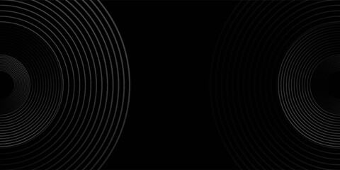 Abstract shiny grey circles geometric lines on dark pattern background. Modern black glowing gray gradient rings. Digital website presentation. Vector EPS10